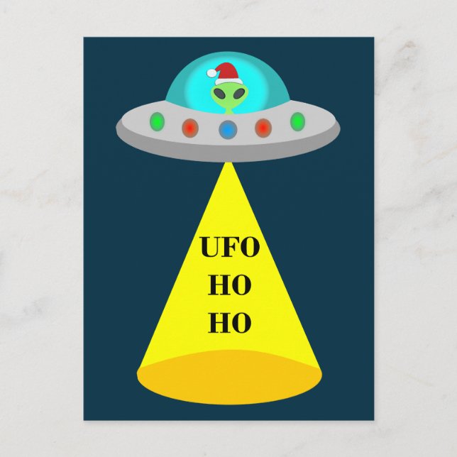 Postal Navidades de UFO Ho Ho Alien volador (Anverso)