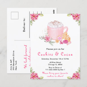 Postal Navidades de vacaciones cocina y cacao rosado