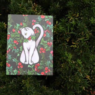Postal Navidades de vacaciones Holly White Cat