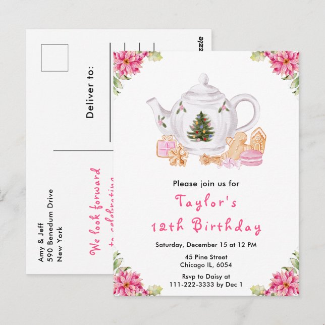 Postal Navidades de vacaciones Tea Birday Party Pink (Anverso / Reverso)