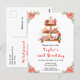 Postal Navidades de vacaciones Tea Birday Party Red