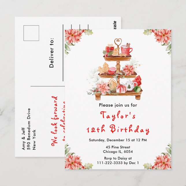 Postal Navidades de vacaciones Tea Birday Party Red (Anverso / Reverso)
