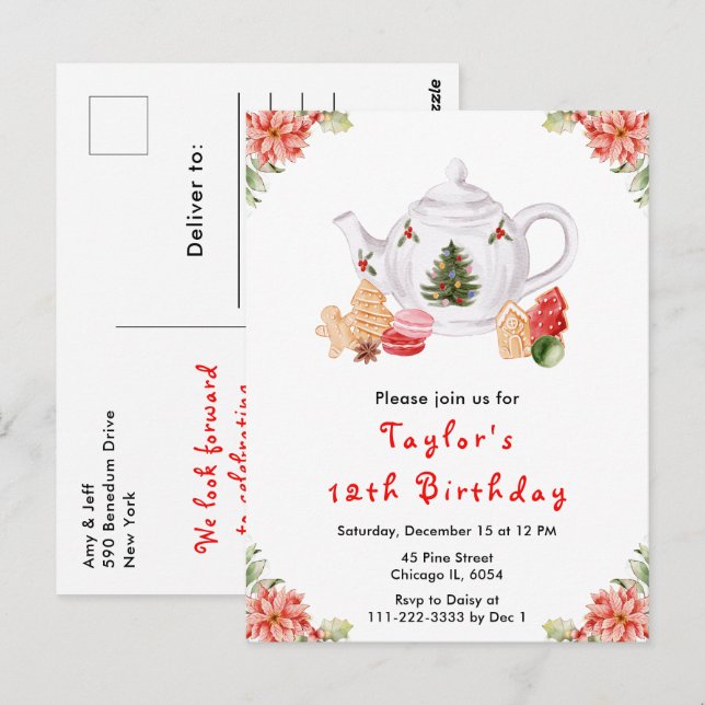 Postal Navidades de vacaciones Tea Birday Party Red (Anverso / Reverso)