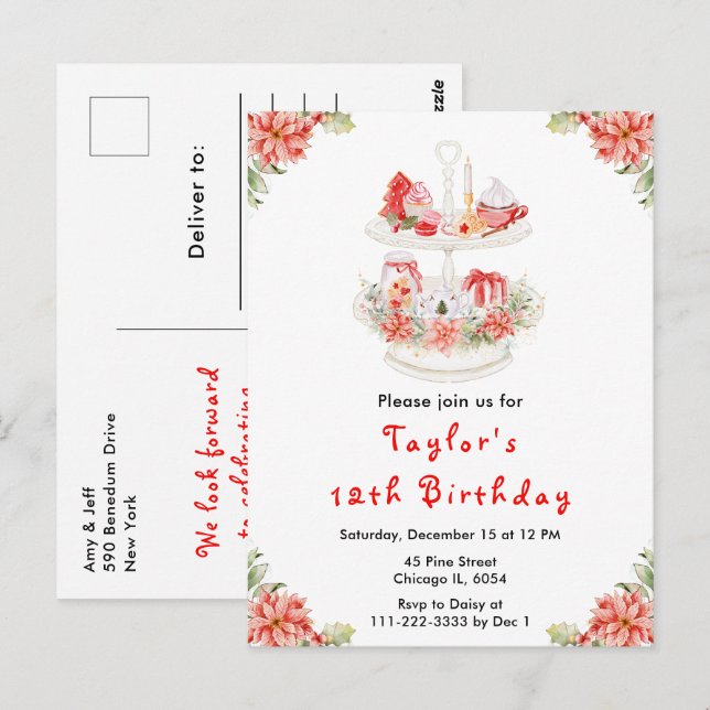 Postal Navidades de vacaciones Tea Birday Party Red (Anverso / Reverso)