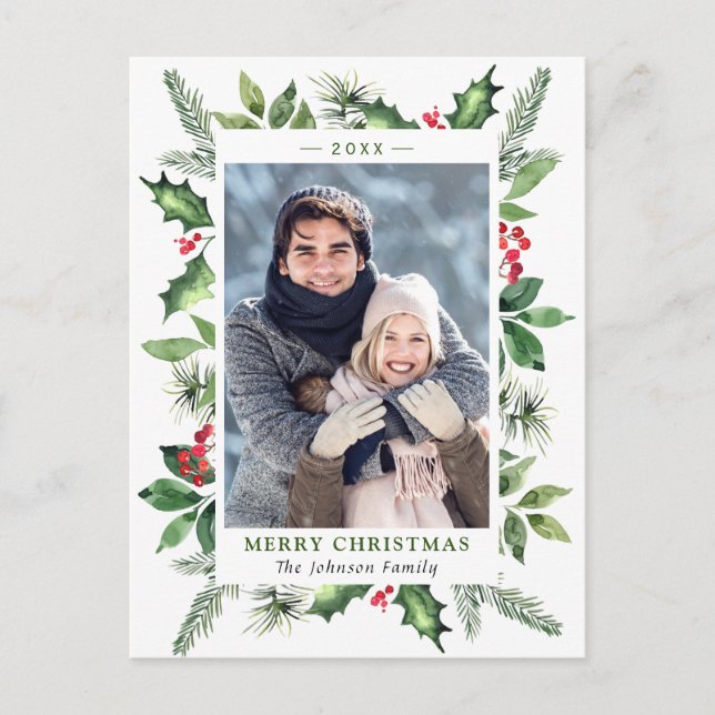 Postal Navidades de Watercolor Holly Berry en vacaciones  (Anverso)