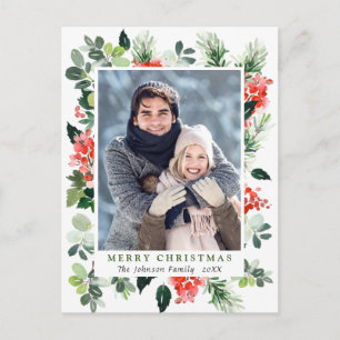 Postal Navidades de Watercolor Holly Berry en vacaciones 