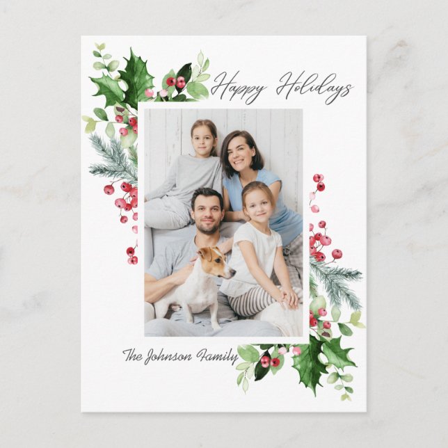 Postal Navidades de Watercolor Holly Berry Saludo FOTO (Anverso)