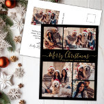Postal Navidades del Collage de fotos Black Gold 5<br><div class="desc">Elegante, moderno, negro y oro 5 Navidades de vacaciones de Collage de fotos de la familia de postales. Esta plantilla festiva, minimalista, fantástica de cinco (5) fotos de tarjetas de felicitación de vacaciones presenta un collage de fotos de la bonito y dice "¡Feliz Navidad!". El texto de bienvenida de "Feliz...</div>