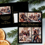 Postal Navidades del Collage de fotos Black Gold 5<br><div class="desc">Elegante, moderno guión negro y dorado 5 Navidades de vacaciones de Collage de fotos de la familia de postales. Esta plantilla festiva, minimalista, fantástica de cinco (5) fotos de tarjetas de felicitación de vacaciones presenta un collage de fotos de la bonito y dice "¡Feliz Navidad!". El texto de bienvenida de...</div>