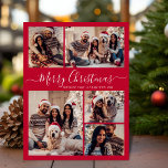 Postal Navidades del Collage de Fotos Moderno Script Red<br><div class="desc">Elegante, moderno 5 postales de fotos de la familia de Navidades rojos de vacaciones de Collage de fotos. Esta plantilla festiva, minimalista, fantástica de cinco (5) fotos de tarjetas de felicitación de vacaciones presenta un collage de fotos de la bonito y dice "¡Feliz Navidad!". El texto de bienvenida de "Feliz...</div>