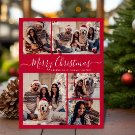 Postal Navidades del Collage de Fotos Moderno Script Red 