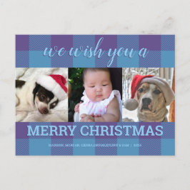 Postal Navidades del Collage de fotos Plaid Blue Purple 3