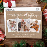 Postal Navidades del corazón de caligrafía Kraft 3 Foto<br><div class="desc">Caligrafía moderna Corazón guión Feliz Navidad Kraft 3 Foto postal de vacaciones</div>
