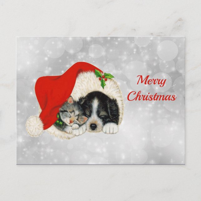 Postal Navidades del gato Santa Cap Cute Dog (Anverso)