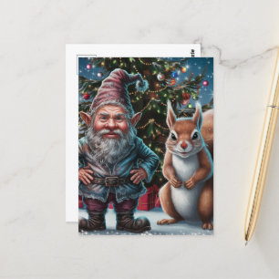 Postal Navidades del Gnome Grumpy Festividad y la ardilla