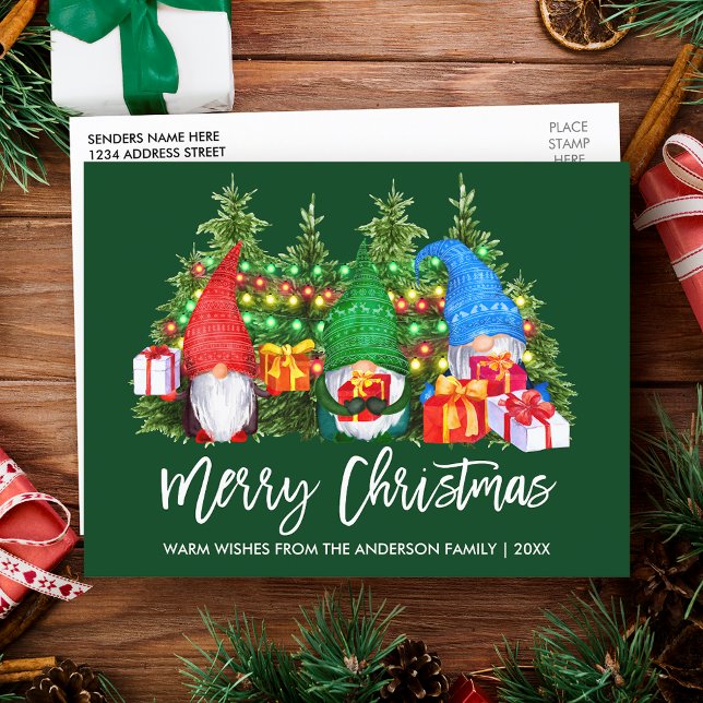Postal Navidades del guión del pincel iluminan los gnomos (Customize to change your personalized text size or text style.)