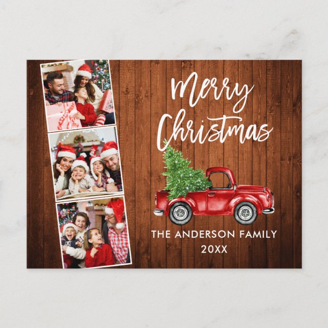 Postal Navidades del guión del pincel Red Truck Wood 3 Fo (Anverso)