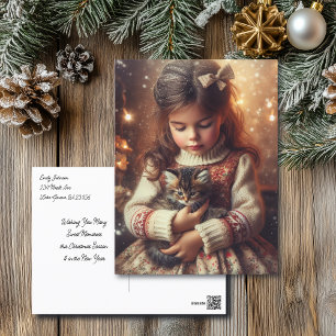 Postal Navidades dulces de Little Girl y Kitten