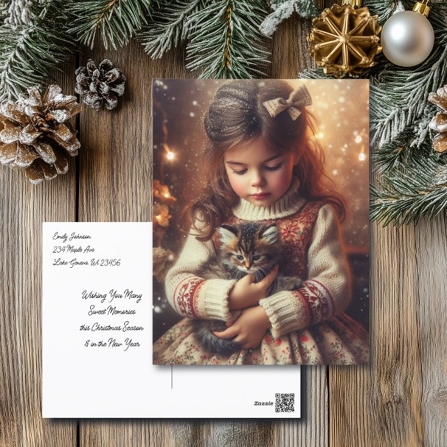 Postal Navidades dulces de Little Girl y Kitten (Subido por el creador)