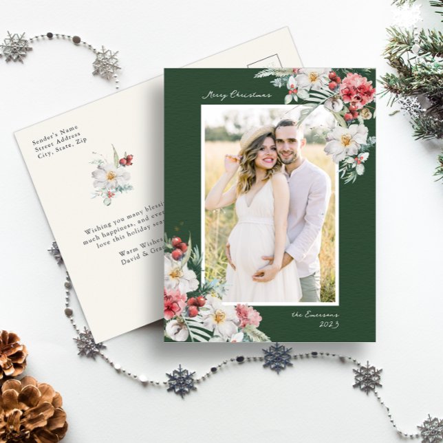 Postal Navidades Elegantes Verdes Foto Postcard (Green Merry Christmas Holiday Postcard Simple Elegant Watercolor Botanical Floral Berries)