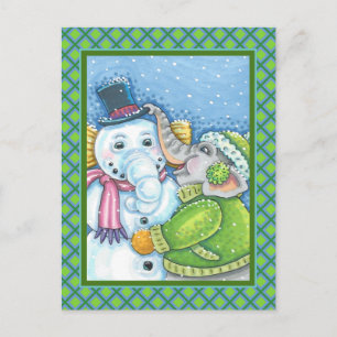 POSTAL NAVIDADES ELEPHANT BUILDING CUTE PACHYDERM SNOWMAN