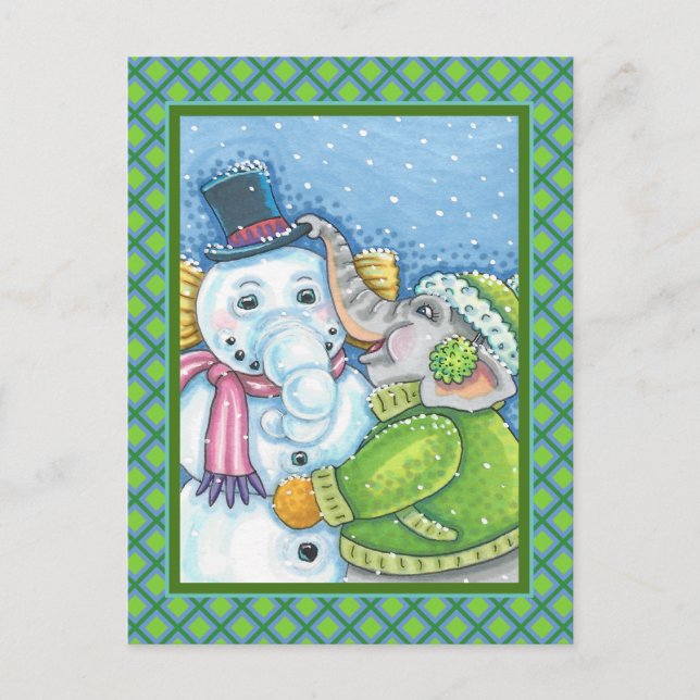 POSTAL NAVIDADES ELEPHANT BUILDING CUTE PACHYDERM SNOWMAN (Anverso)