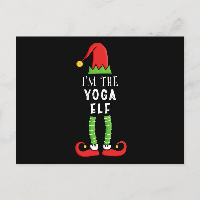 Postal Navidades elfos de yoga con regalo familiar (Anverso)