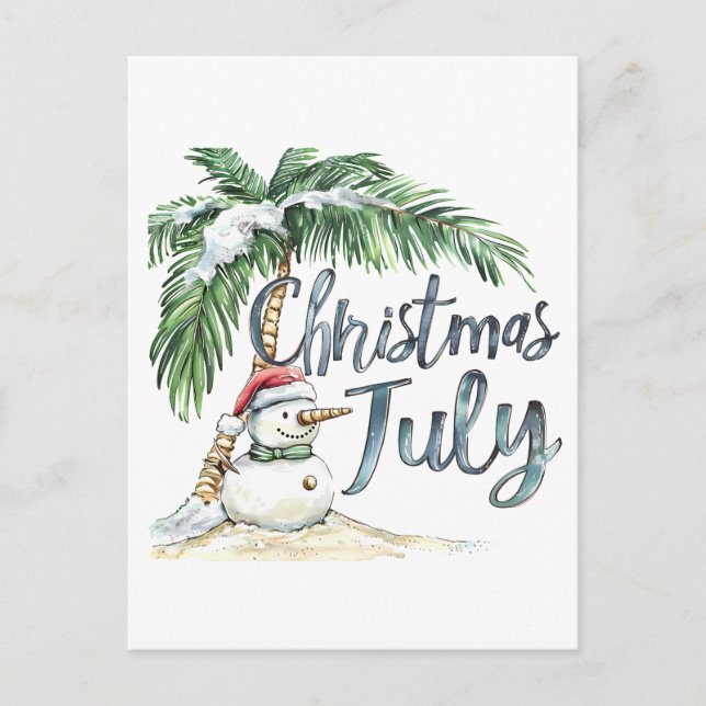 Postal Navidades en julio Beach Snowman y Palm Tree (Anverso)