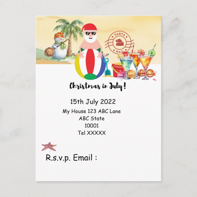 Postal Navidades en julio con SANTA CLAUS en la playa (Anverso)