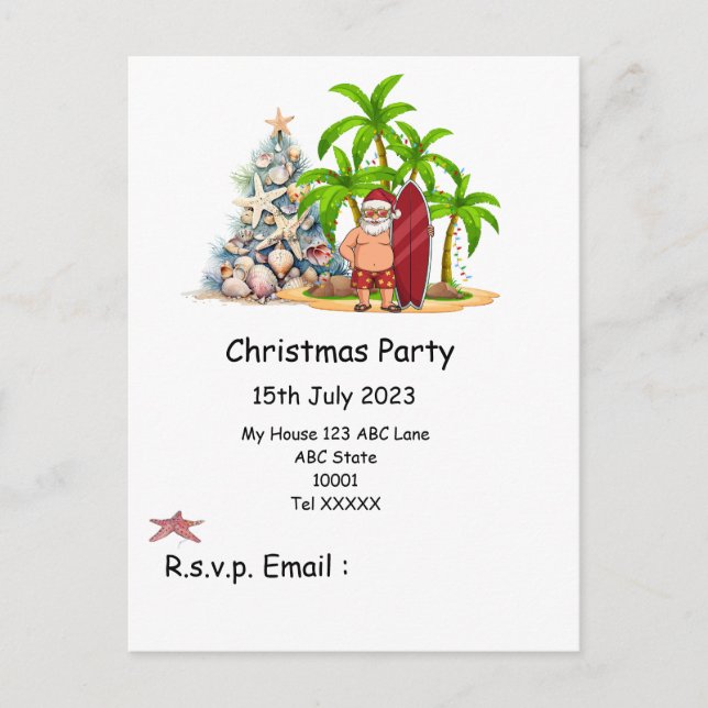 Postal Navidades en julio con SANTA CLAUS en la playa (Anverso)
