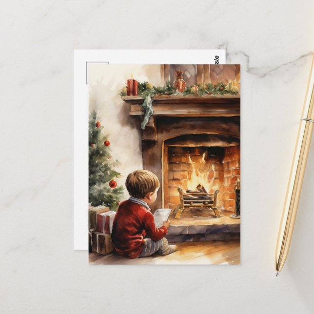 Postal Navidades festivos acuarela chimenea niño (Anverso/Reverso In Situ)