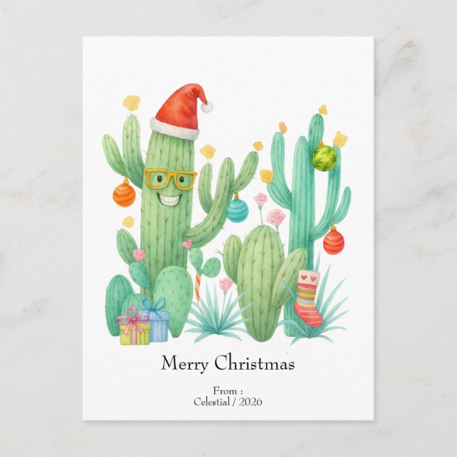 Postal Navidades festivos Cactus con Santa Hat y Ornament (Anverso)