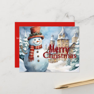 Postal Navidades festivos con hombre de nieve