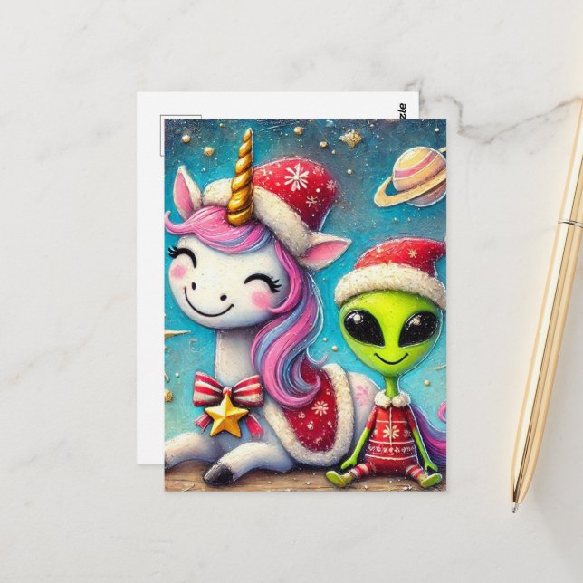 Postal Navidades festivos extranjeros y unicornio (Anverso/Reverso In Situ)