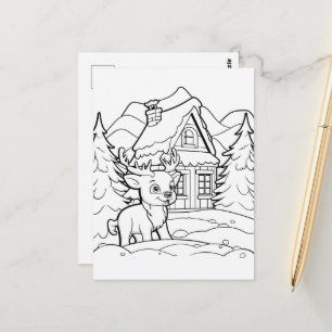 Postal Navidades festivos niños coloreando reno