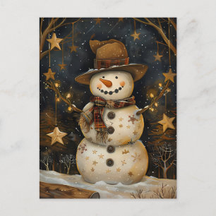 Postal Navidades festivos saludan con hombre de nieve