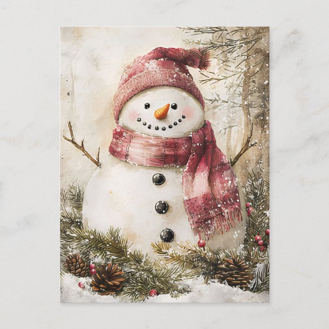 Postal Navidades festivos saludan con hombre de nieve (Anverso)