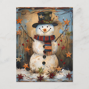 Postal Navidades festivos saludan con hombre de nieve