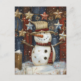 Postal Navidades festivos saludan con hombre de nieve