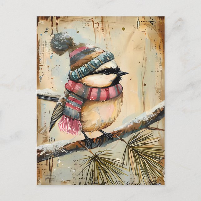 Postal Navidades festivos saludando con pájaro lindo (Anverso)