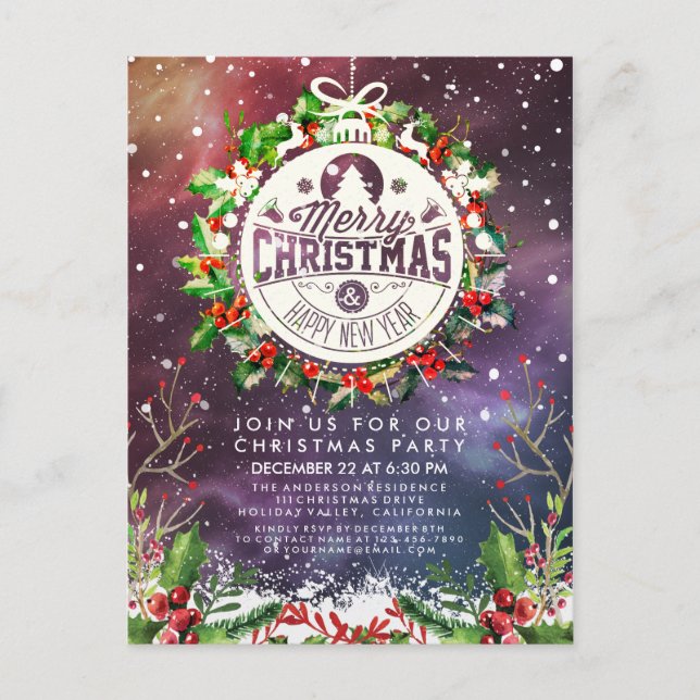 Postal Navidades Fiesta de Año Nuevo Holly Wreath Nieve (Anverso)