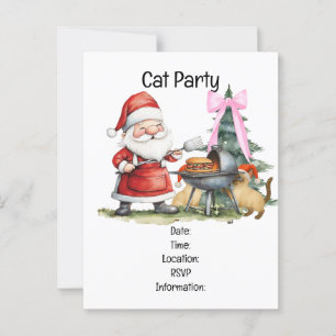 Postal Navidades Fiesta de barbacoa con Papá Noel y gato