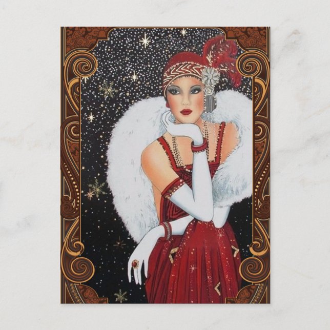 Postal Navidades Flapper Chica Cielo Nocturno Estrella (Anverso)