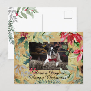 Postal Navidades florales de perro lindo saludando tarjet