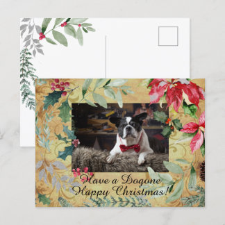 Postal Navidades florales de perro lindo saludando tarjet