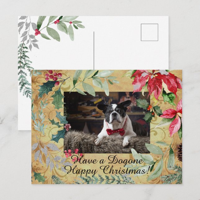 Postal Navidades florales de perro lindo saludando tarjet (Anverso / Reverso)