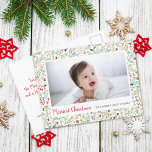 Postal Navidades florales foto de patrón navideño<br><div class="desc">Esta hermosa postal presenta un patrón floral de Navidades de color verde claro,  rojo,  azul y gris. La escritura y la tipografía clásica se utilizan con una foto grande. La parte posterior de la tarjeta postal se puede personalizar o eliminar el texto de un mensaje manuscrito.</div>