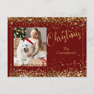 Postal Navidades Foto Purpurina de oro Script Holiday