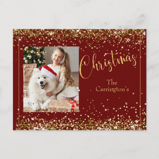 Postal Navidades Foto Purpurina de oro Script Holiday (Anverso)