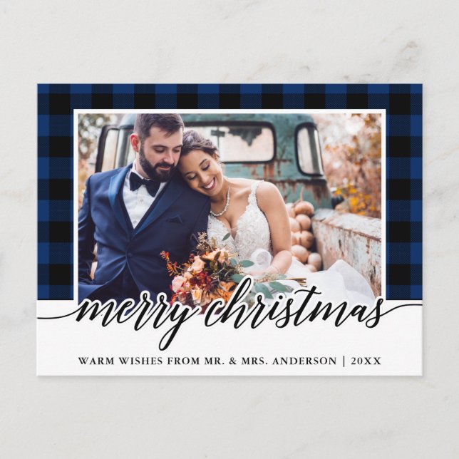 Postal Navidades fotográficos de Boda Calligraphy Blue Pl (Anverso)